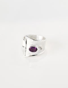 Yianni Creations Amethyst and Diamond Fine Silver Palladium Wide Adjustable Ring