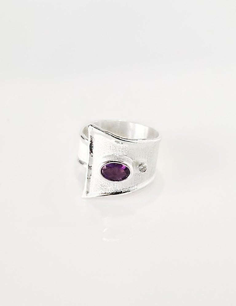 Yianni Creations Ammos Collection 100% Handmade Artisan Gorgeous Ring from Fine Silver featuring 1.25 Carat Amethyst accompanied by 0.03 Carat Brilliant Cut White Diamond complemented by unique techniques of craftsmanship - brushed texture and