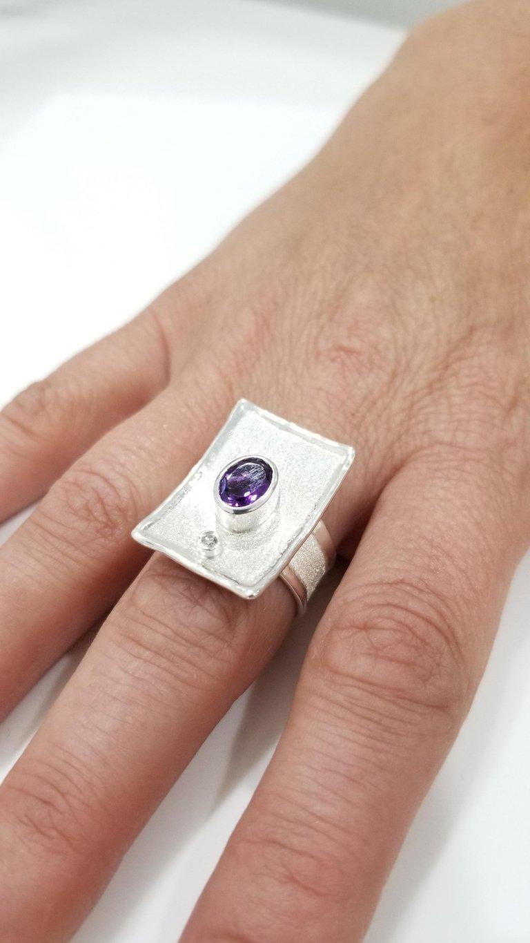 Contemporary Yianni Creations Amethyst and Diamond Fine Silver Palladium Long Band Ring For Sale