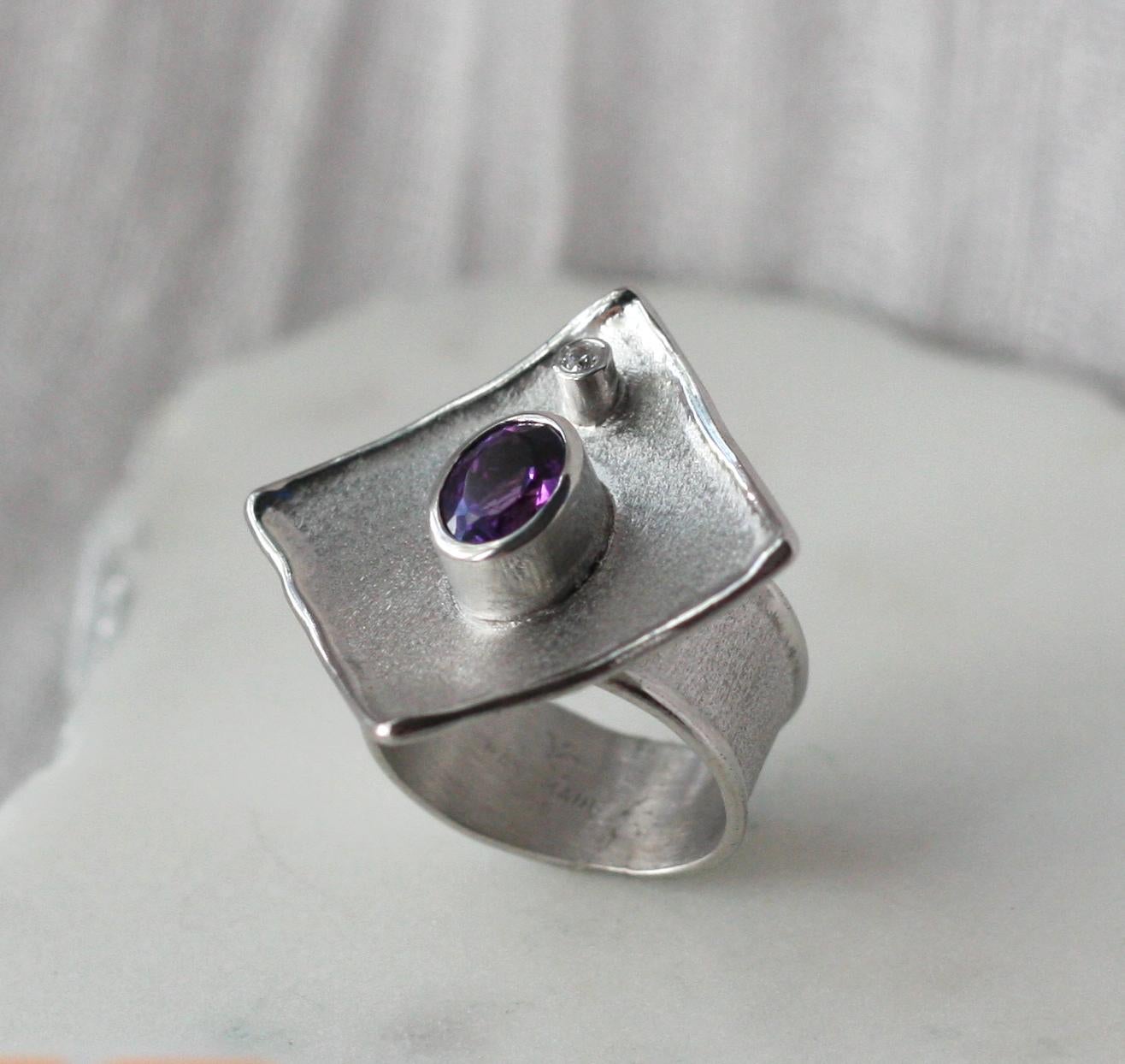 Oval Cut Yianni Creations Amethyst and Diamond Fine Silver Palladium Ring For Sale