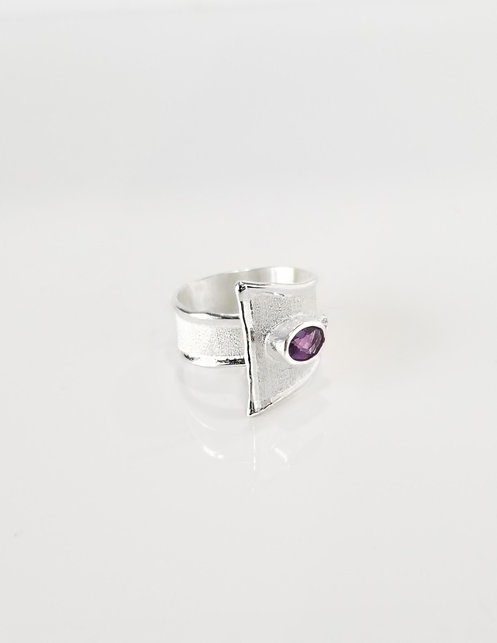 Yianni Creations Amethyst and Diamond Fine Silver Palladium Wide Adjustable Ring In New Condition For Sale In Astoria, NY