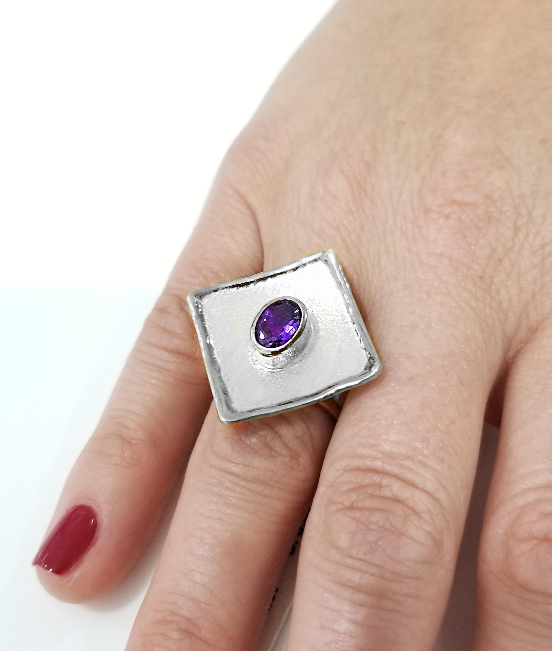 Contemporary Yianni Creations Amethyst and Diamond Fine Silver Palladium Ring For Sale