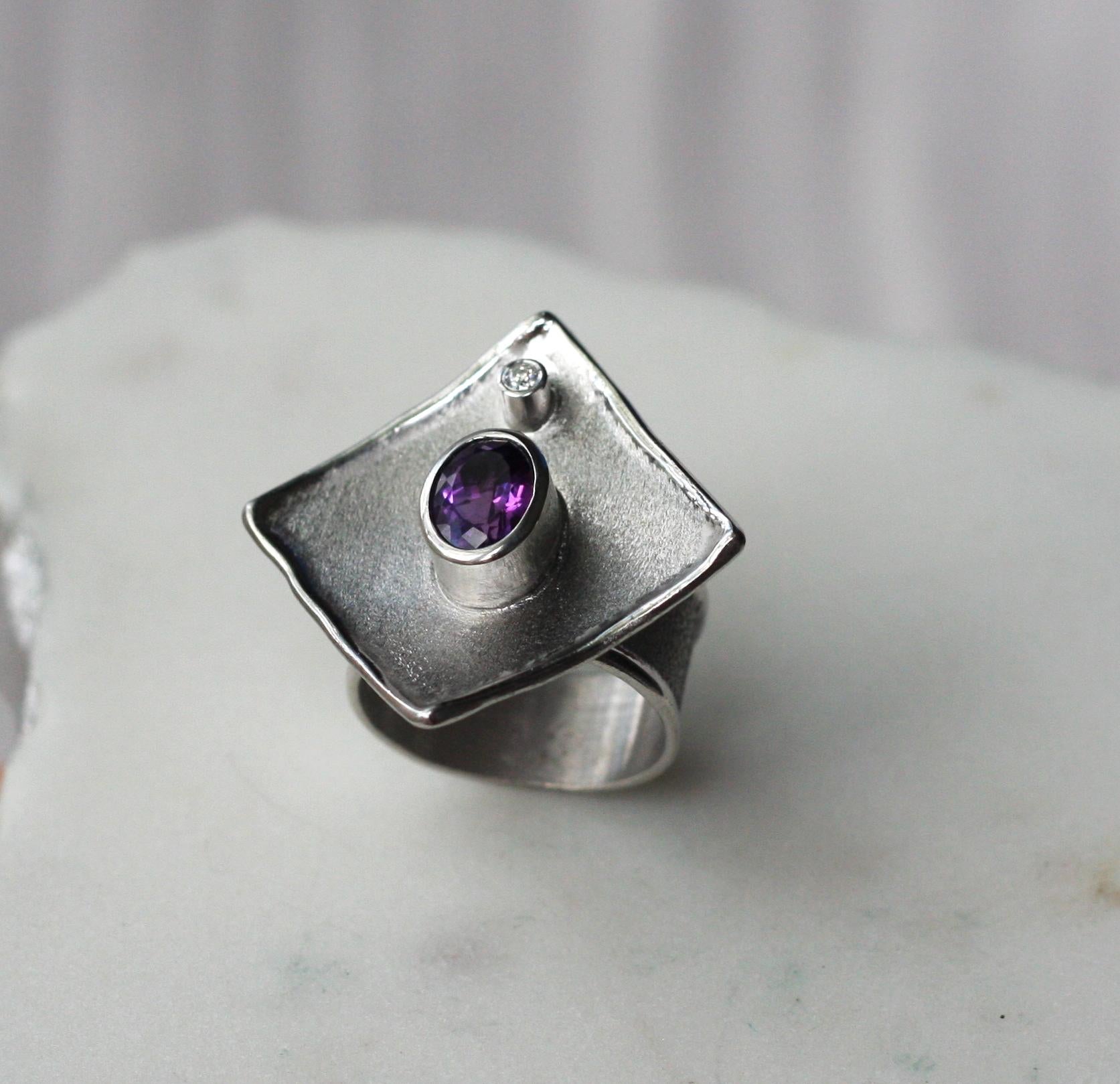 Yianni Creations Amethyst and Diamond Fine Silver Palladium Ring For Sale 1