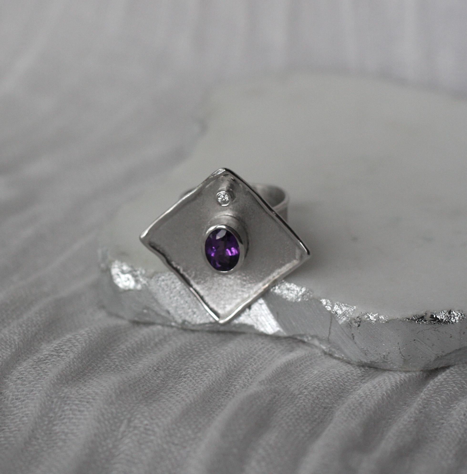 Yianni Creations Amethyst and Diamond Fine Silver Palladium Ring For Sale 2