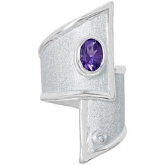 Yianni Creations Amethyst and Diamond Fine Silver Palladium Wide Band Ring