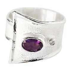Yianni Creations Amethyst and Diamond Fine Silver Palladium Wide Adjustable Ring