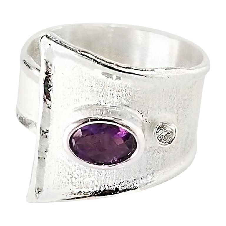 Yianni Creations Amethyst and Diamond Fine Silver Palladium Wide Adjustable Ring For Sale