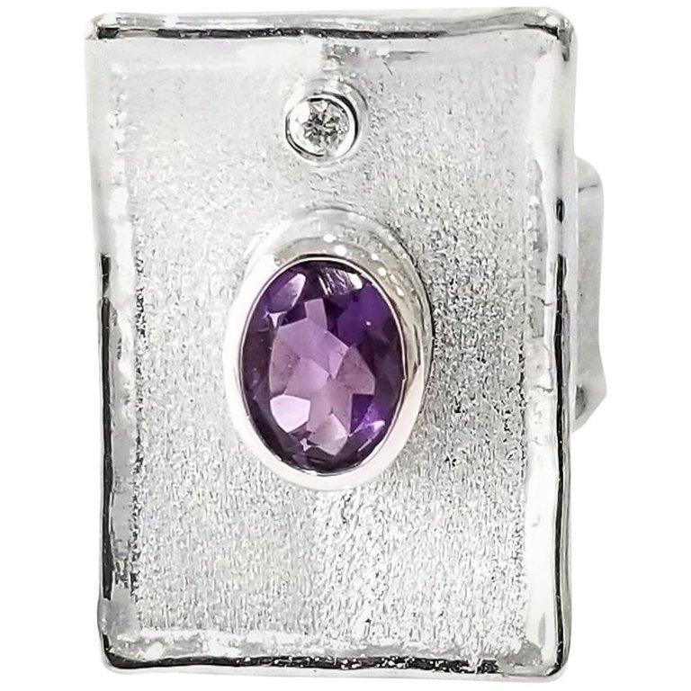 Yianni Creations Amethyst and Diamond Fine Silver Palladium Long Band Ring For Sale