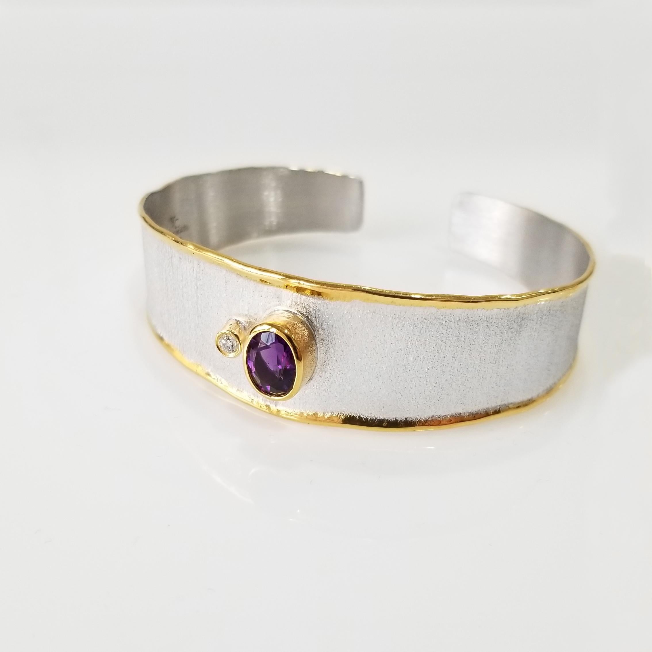 Yianni Creations Amethyst Diamond Fine Silver 24 Karat Gold Two Tone Bracelet In New Condition In Astoria, NY