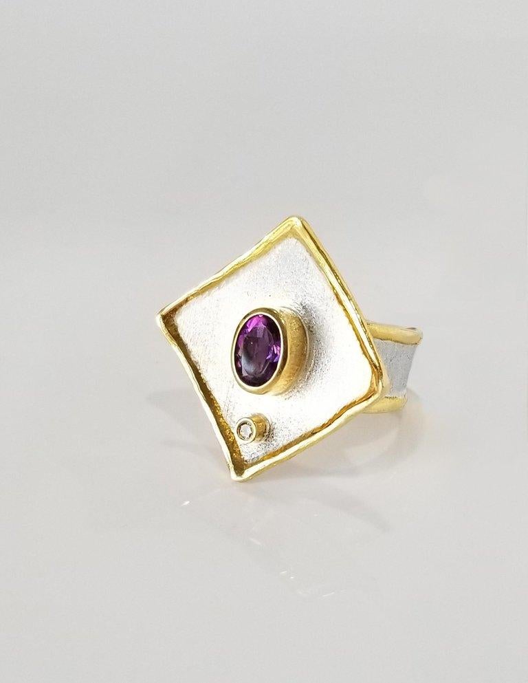 Yianni Creations Midas Collection 100% Handmade Artisan Ring from Fine Silver with an overlay of 24 Karat Yellow Gold features 1.25 Carat Amethyst accompanied by 0.03 Carat Diamond complimented by unique techniques of craftsmanship - brushed texture