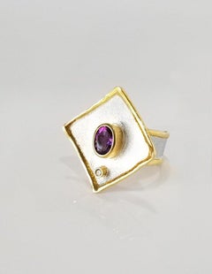 Yianni Creations Amethyst Diamond Fine Silver and 24 Karat Gold Wide Band Ring