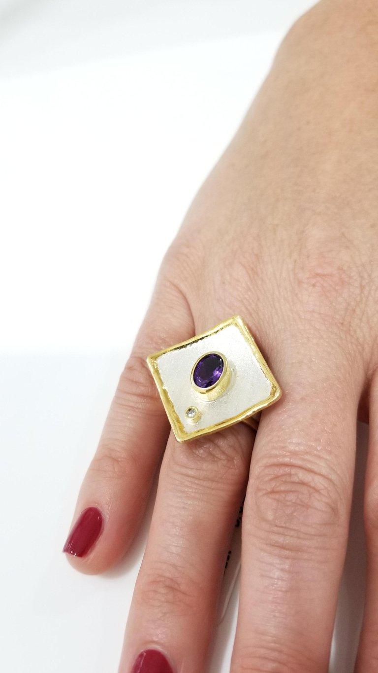 Contemporary Yianni Creations Amethyst Diamond Fine Silver and 24 Karat Gold Wide Band Ring For Sale