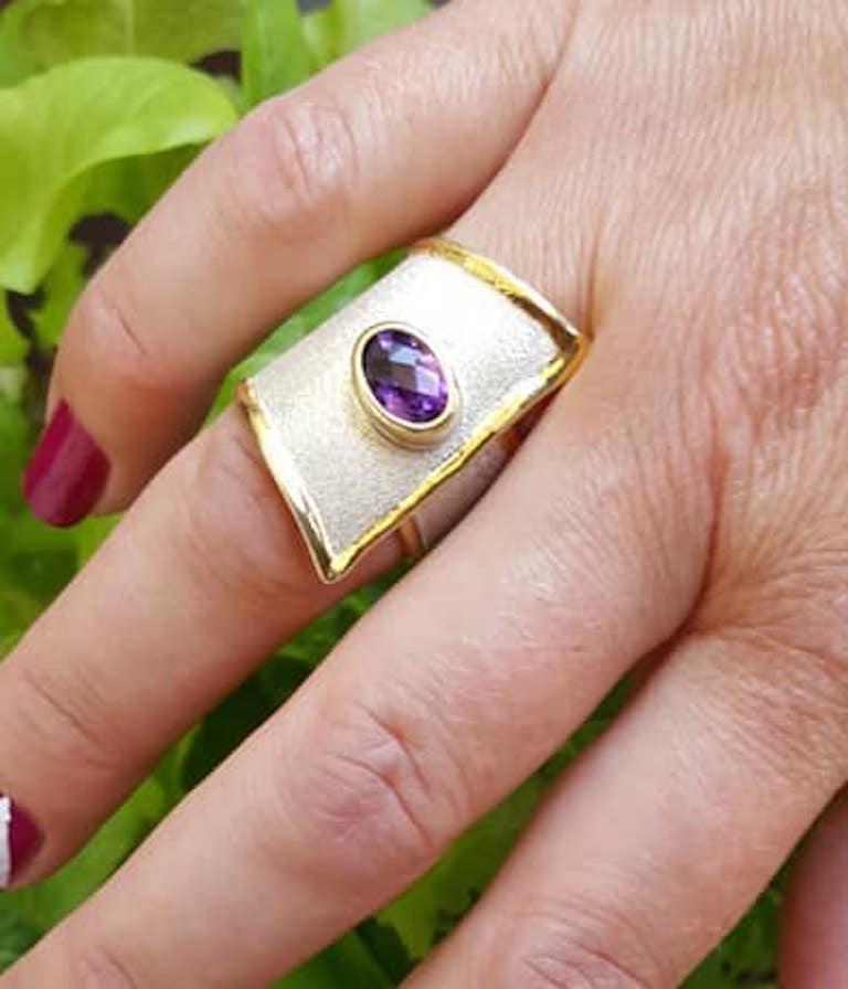 Contemporary Yianni Creations Amethyst Fine Silver and 24 Karat Gold  Wide Band Ring