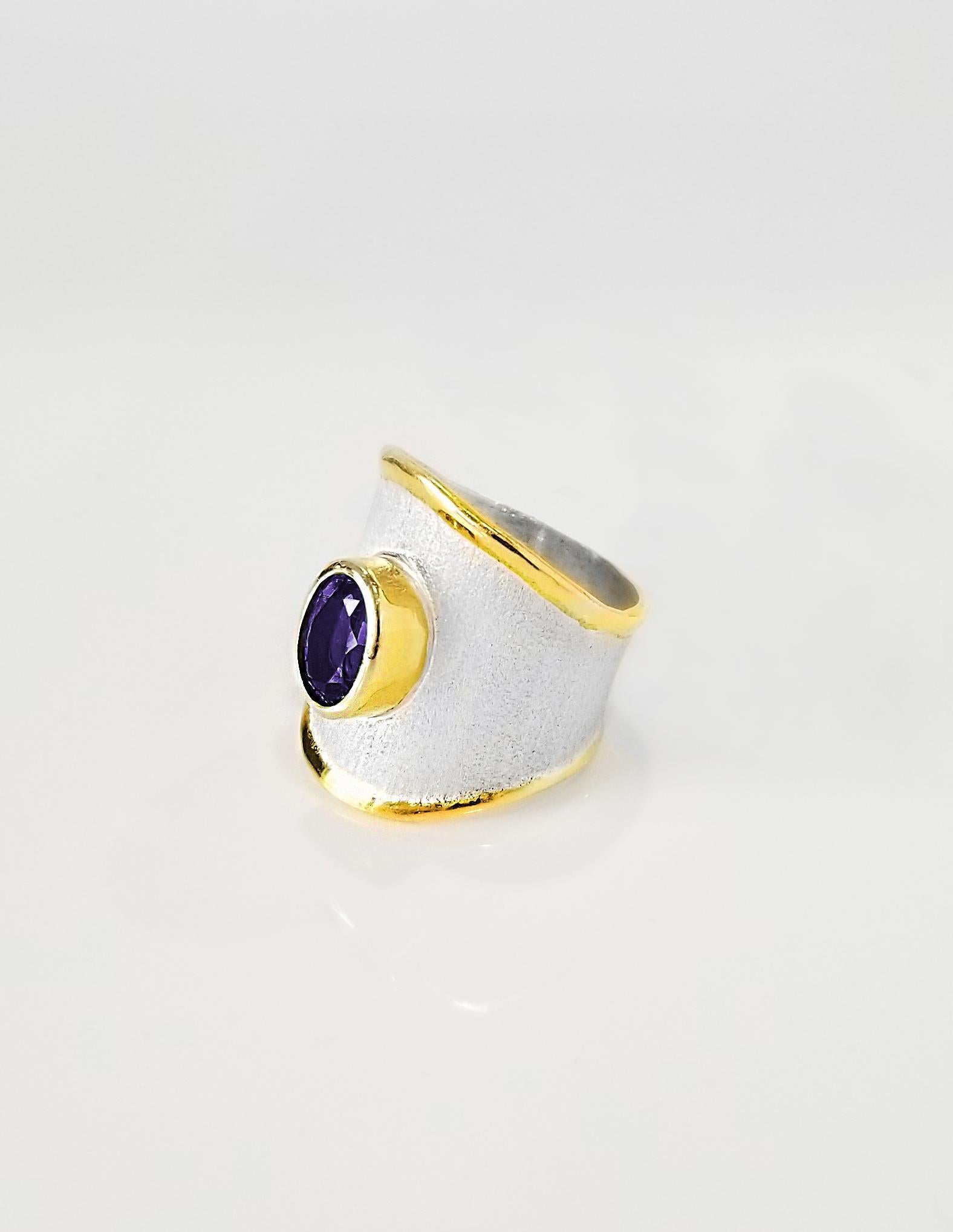 Yianni Creations Midas Collection 100% Handmade Artisan Ring from Fine Silver with a layover of 24 Karat Yellow Gold features 1.25 Carat Amethyst complimented by unique techniques of craftsmanship - brushed texture and nature-inspired liquid edges.
