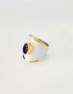 Yianni Creations Amethyst Fine Silver and 24 Karat Gold Handmade Wide Band Ring
