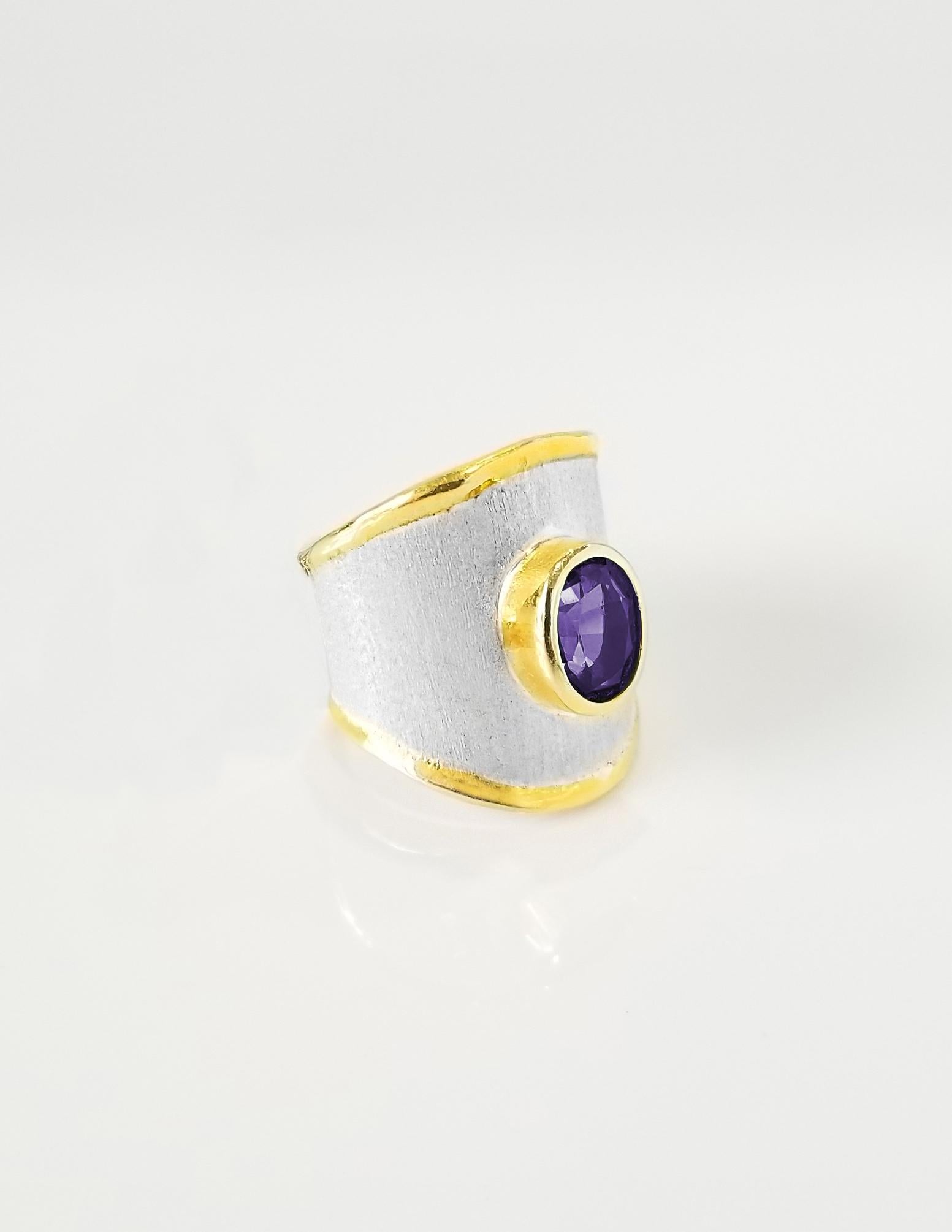 Women's or Men's Yianni Creations Amethyst Fine Silver and 24 Karat Gold Handmade Wide Band Ring