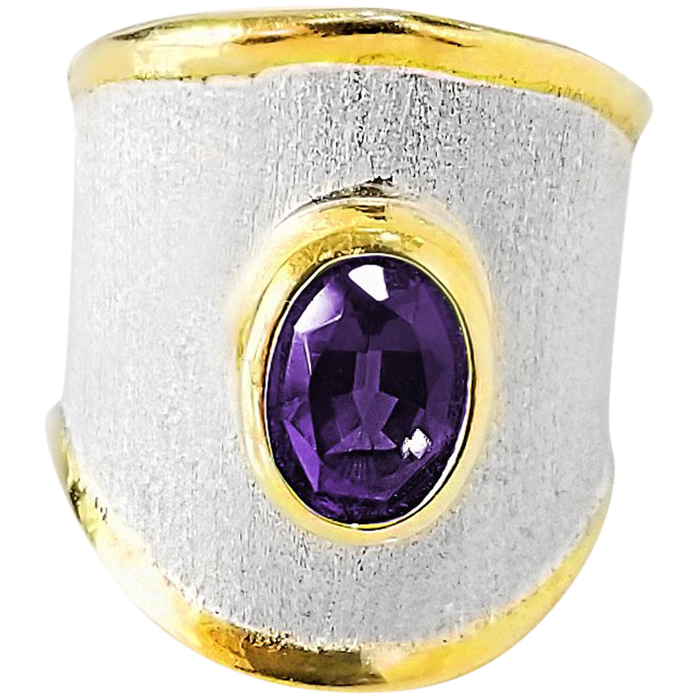 Yianni Creations Amethyst Fine Silver and 24 Karat Gold Handmade Wide Band Ring