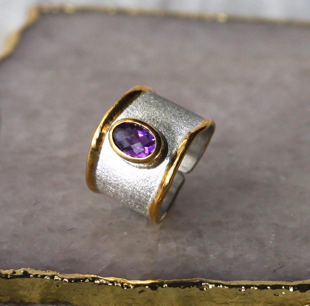 Women's Yianni Creations Amethyst Fine Silver 24 Karat Gold Two Tone Adjustable Ring