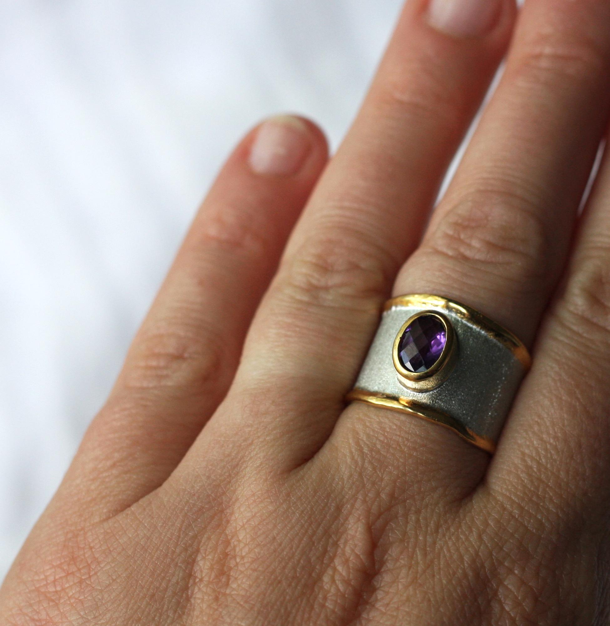 Contemporary Yianni Creations Amethyst Fine Silver 24 Karat Gold Two Tone Adjustable Ring