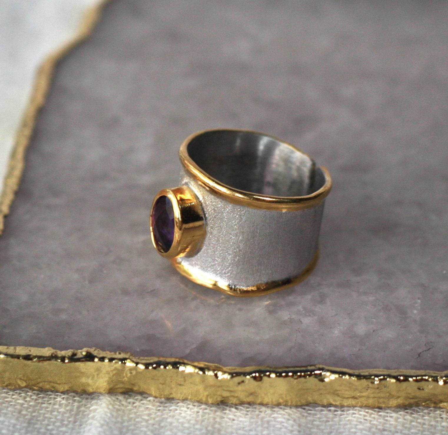 Oval Cut Yianni Creations Amethyst Fine Silver 24 Karat Gold Two Tone Adjustable Ring