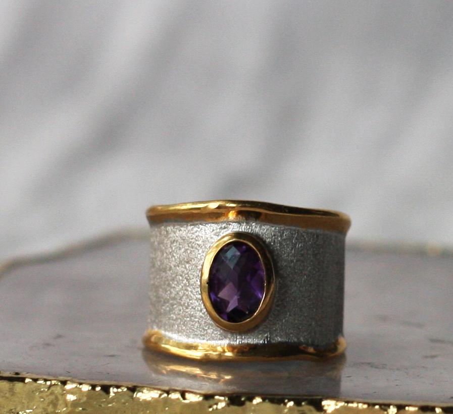 Yianni Creations Amethyst Fine Silver 24 Karat Gold Two Tone Adjustable Ring In New Condition In Astoria, NY