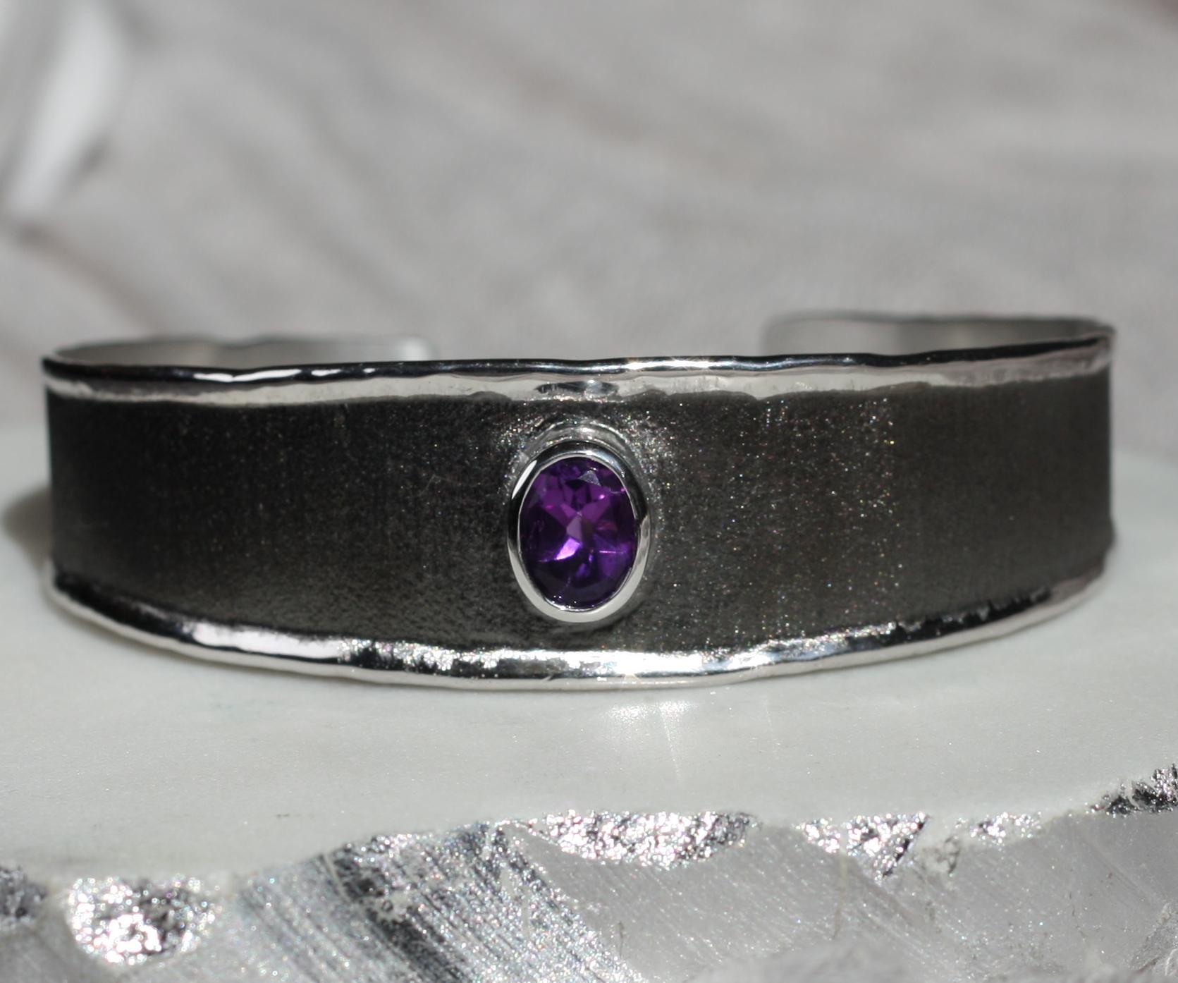 Yianni Creations Amethyst Fine Silver and Black Rhodium Bracelet For Sale 3