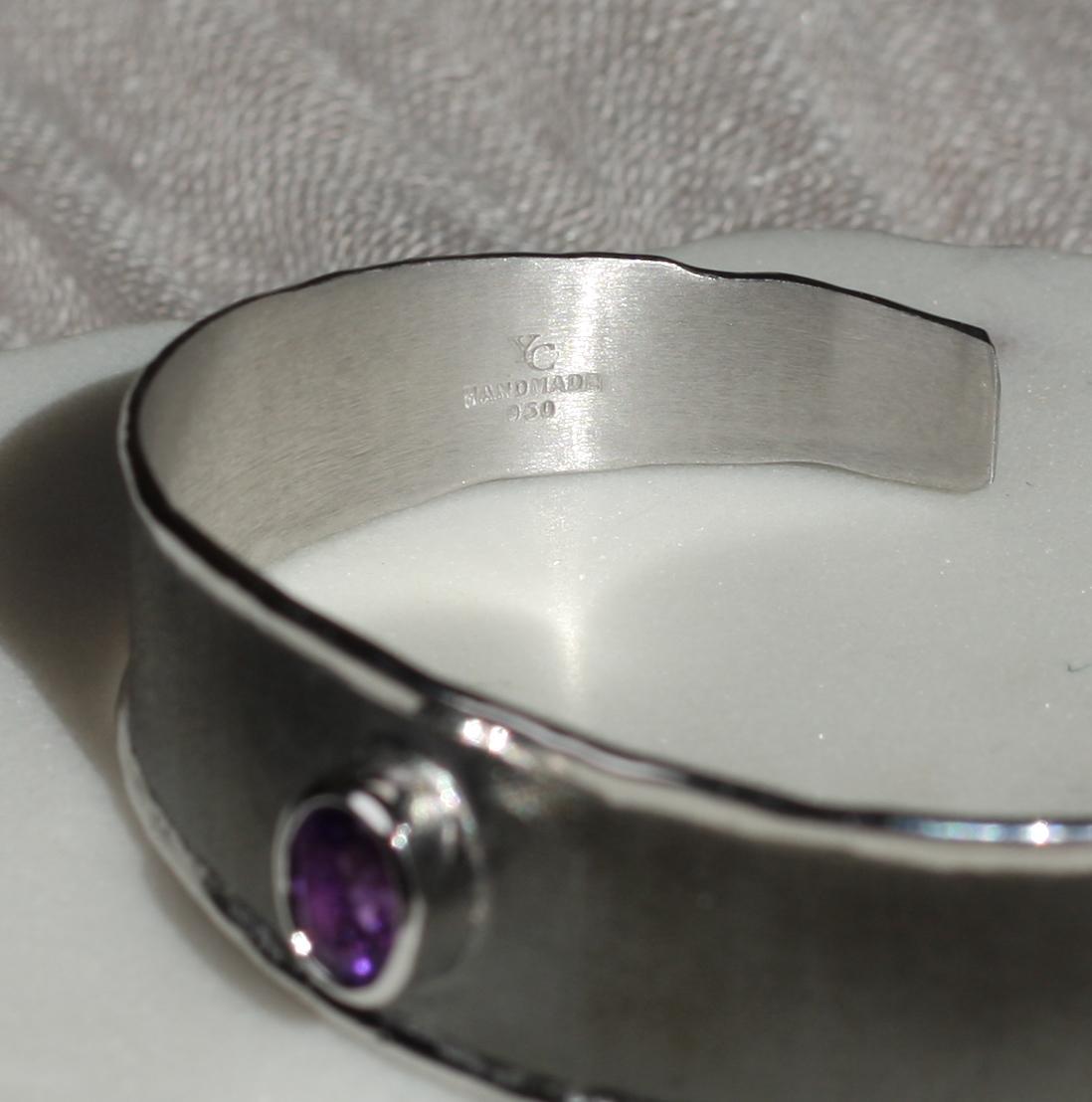 Yianni Creations Amethyst Fine Silver and Black Rhodium Bracelet For Sale 4
