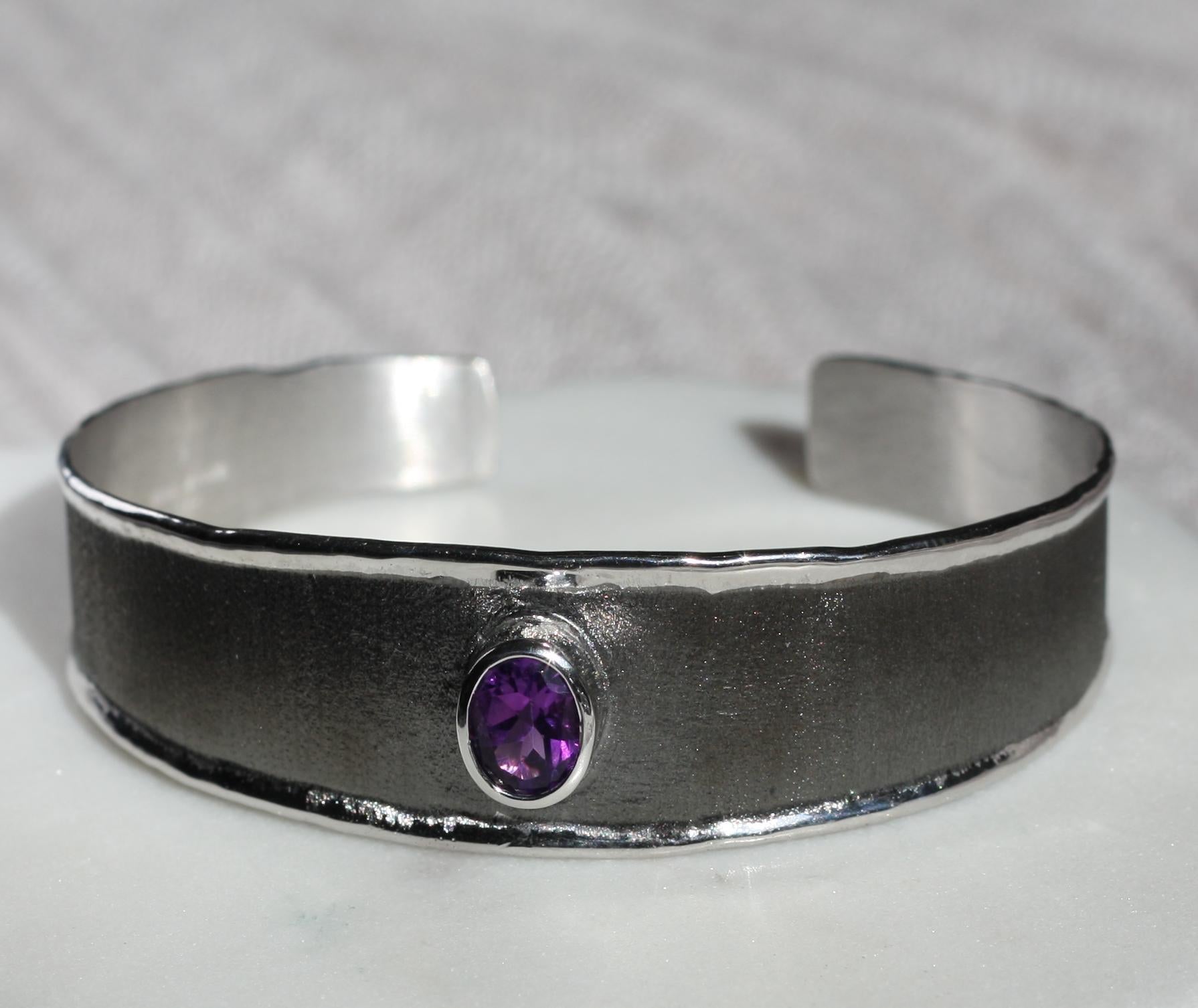 Yianni Creations Amethyst Fine Silver and Black Rhodium Bracelet For Sale 1