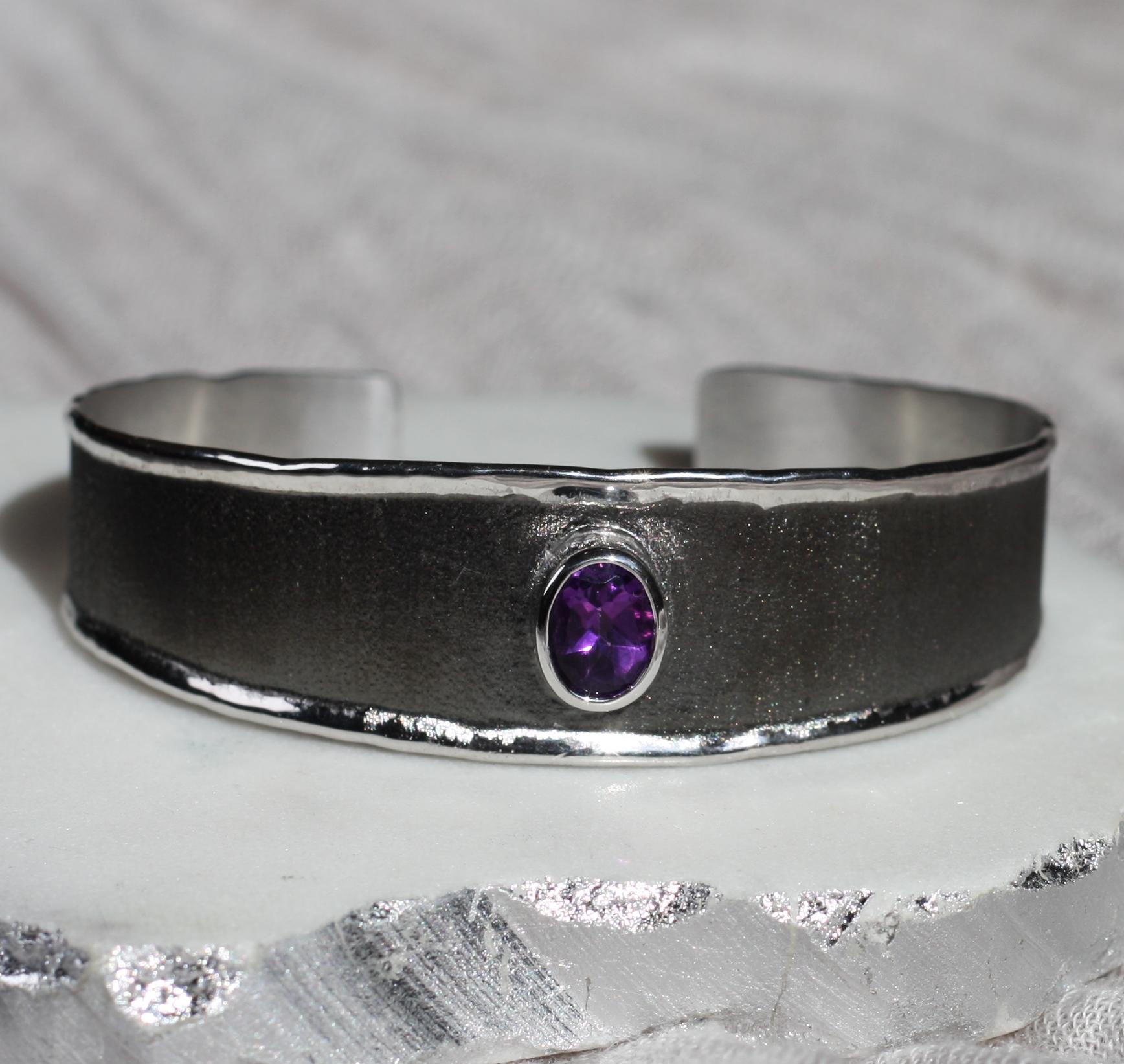 Yianni Creations Amethyst Fine Silver and Black Rhodium Bracelet For Sale 2