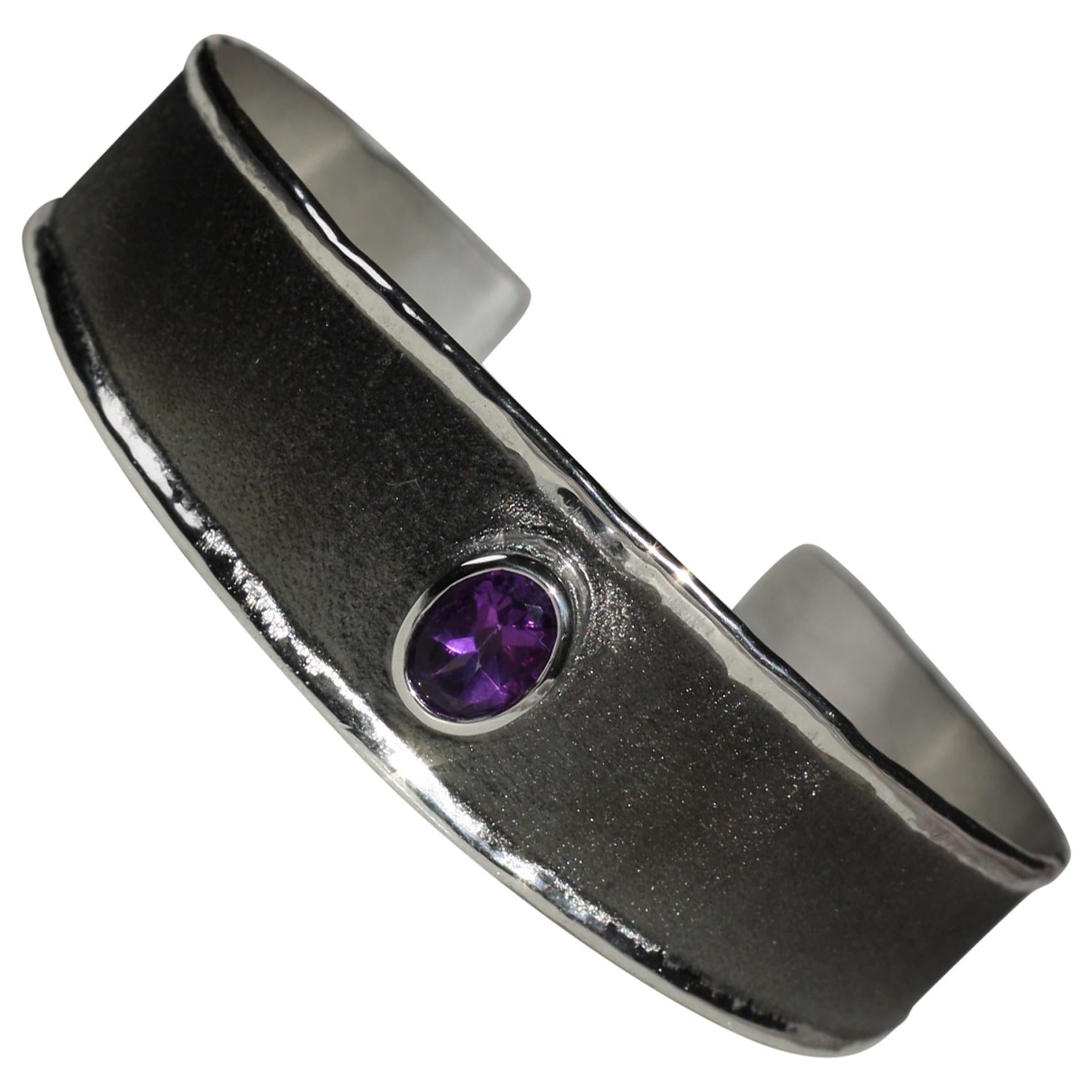 Yianni Creations Amethyst Fine Silver and Black Rhodium Bracelet For Sale