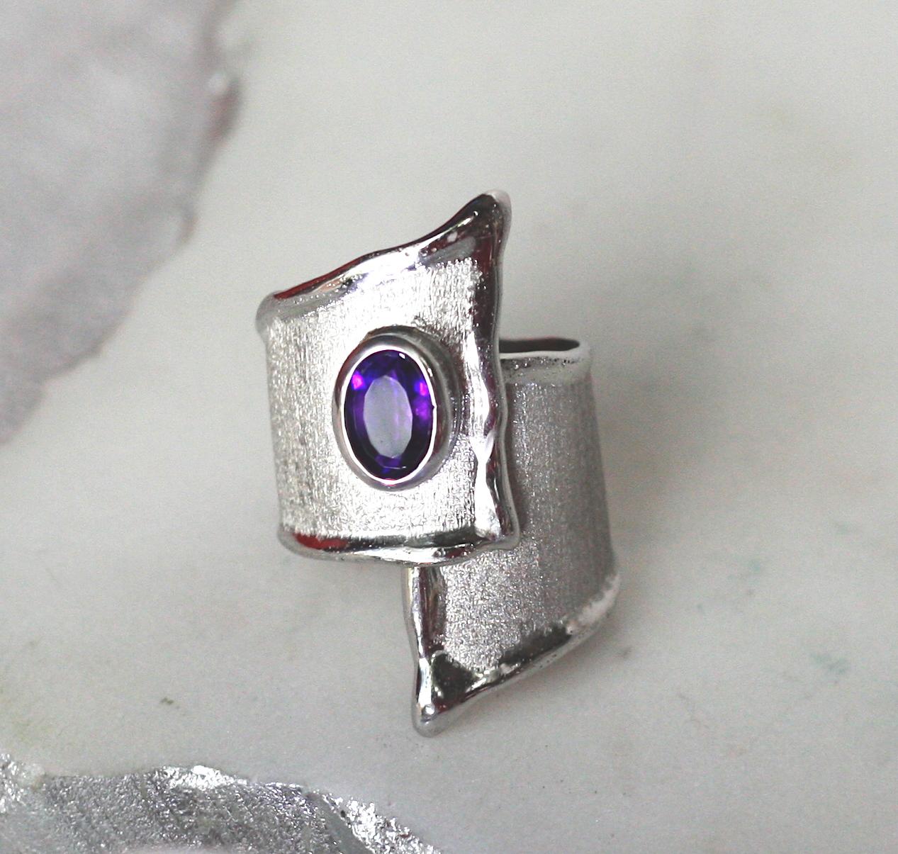 Women's Yianni Creations Amethyst Fine Silver and Palladium Adjustable Wide Band Ring For Sale