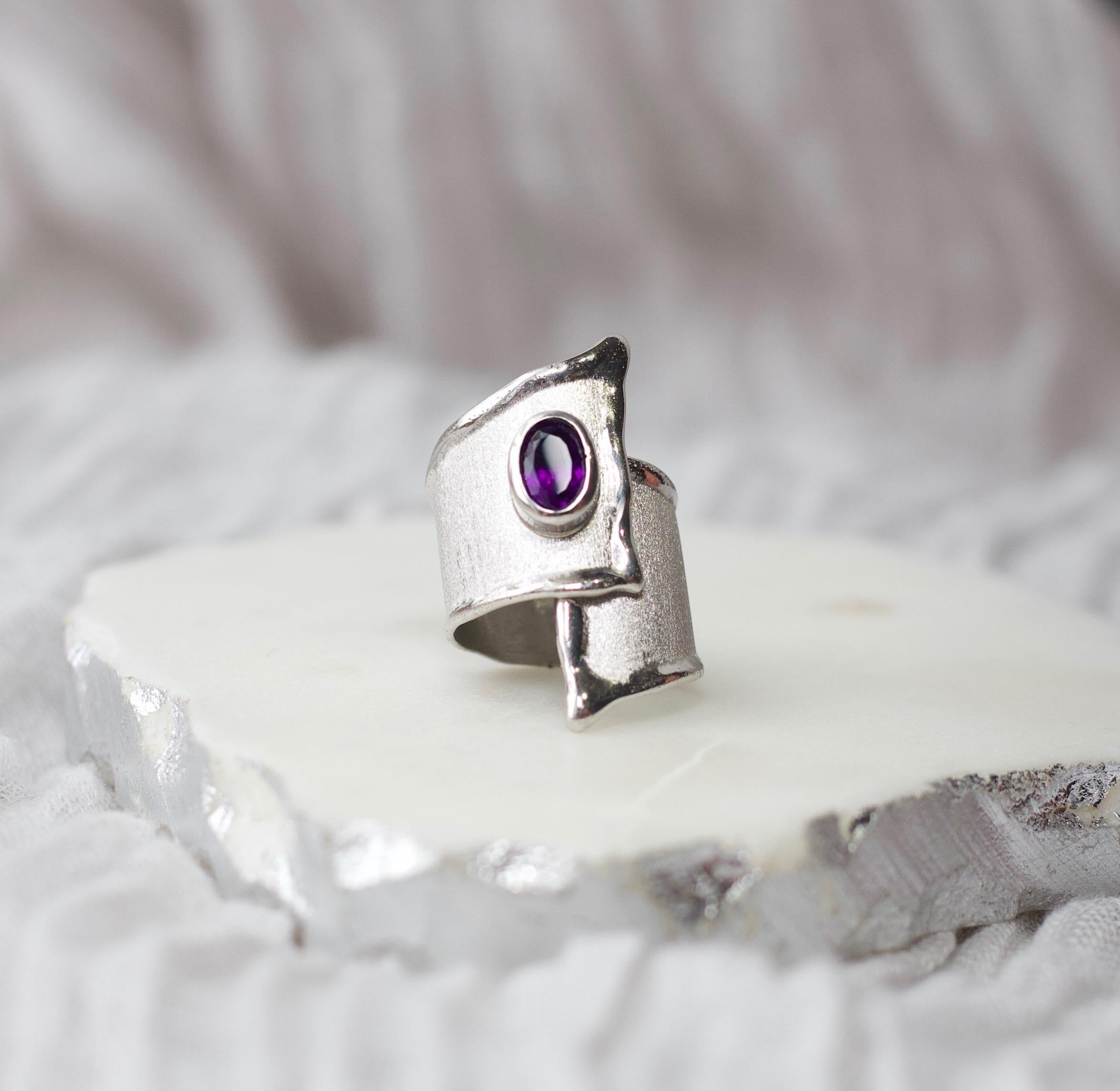 Oval Cut Yianni Creations Amethyst Fine Silver and Palladium Adjustable Wide Band Ring For Sale