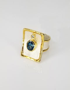 Yianni Creations London Breiter Ring, Blauer Topas Diamant Feinsilber 24 Karat Gold