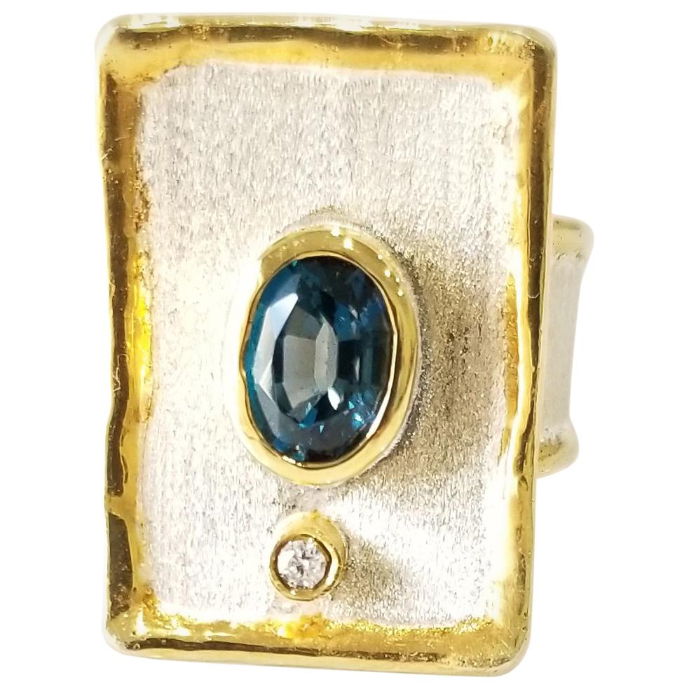 Yianni Creations London Blue Topaz Diamond Fine Silver 24 Karat Gold Wide Ring