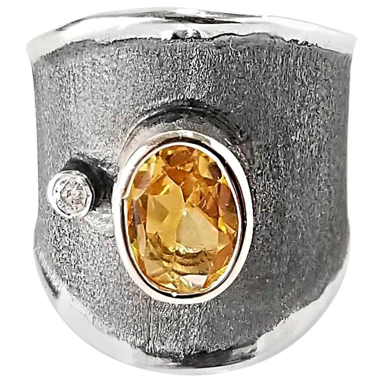 Yianni Creations Citrine White Diamond Fine Silver and Rhodium Wide Band Ring For Sale