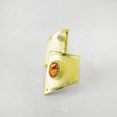 Yianni Creation Gold 18 Karat Citrine and Diamond Adjustable Long Wide Band Ring