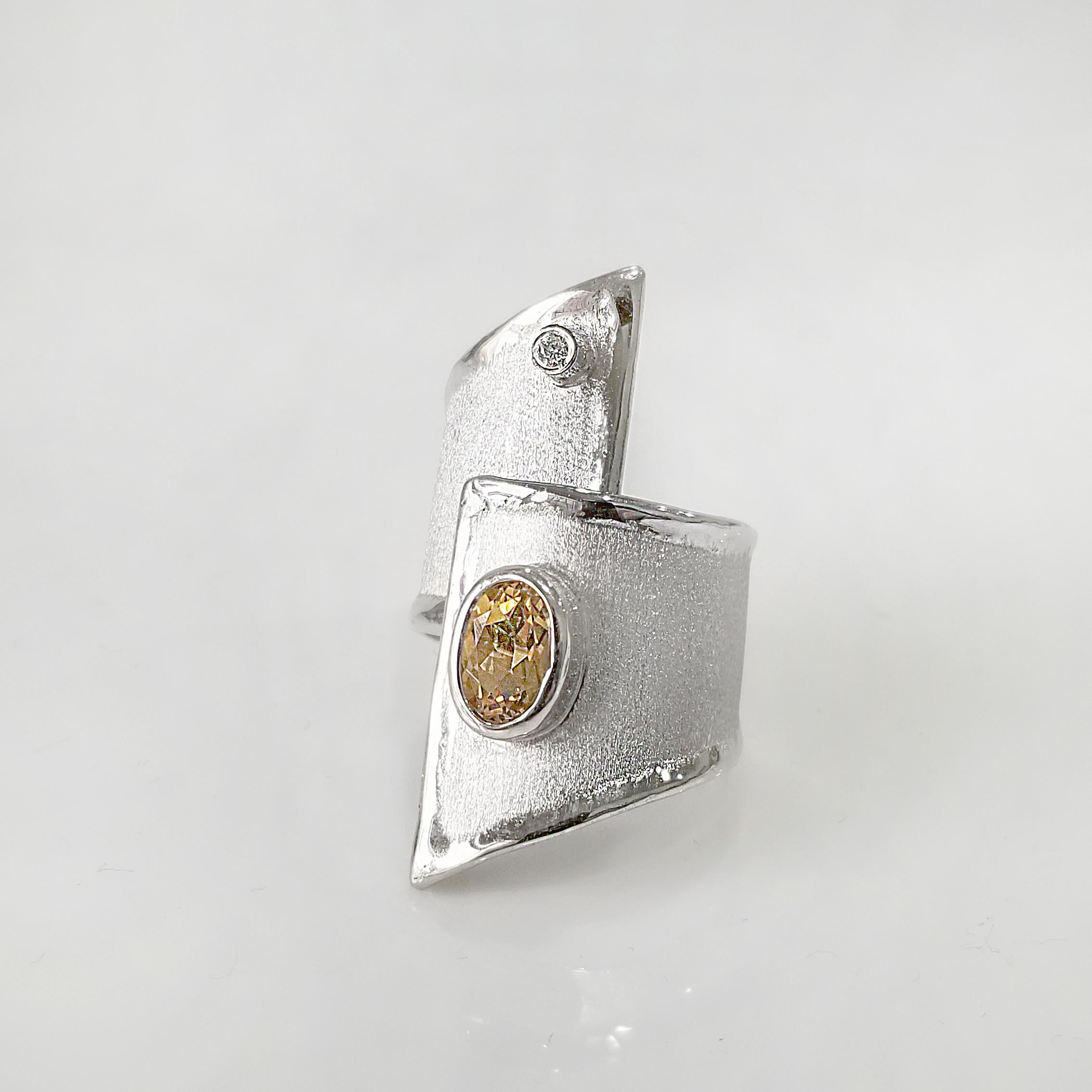 Oval Cut Yianni Creations Citrine Diamond Fine Silver Palladium Geometric Wide Band Ring For Sale