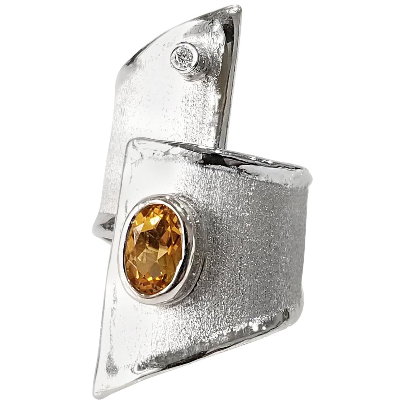 Yianni Creations Citrine Diamond Fine Silver Palladium Geometric Wide Band Ring