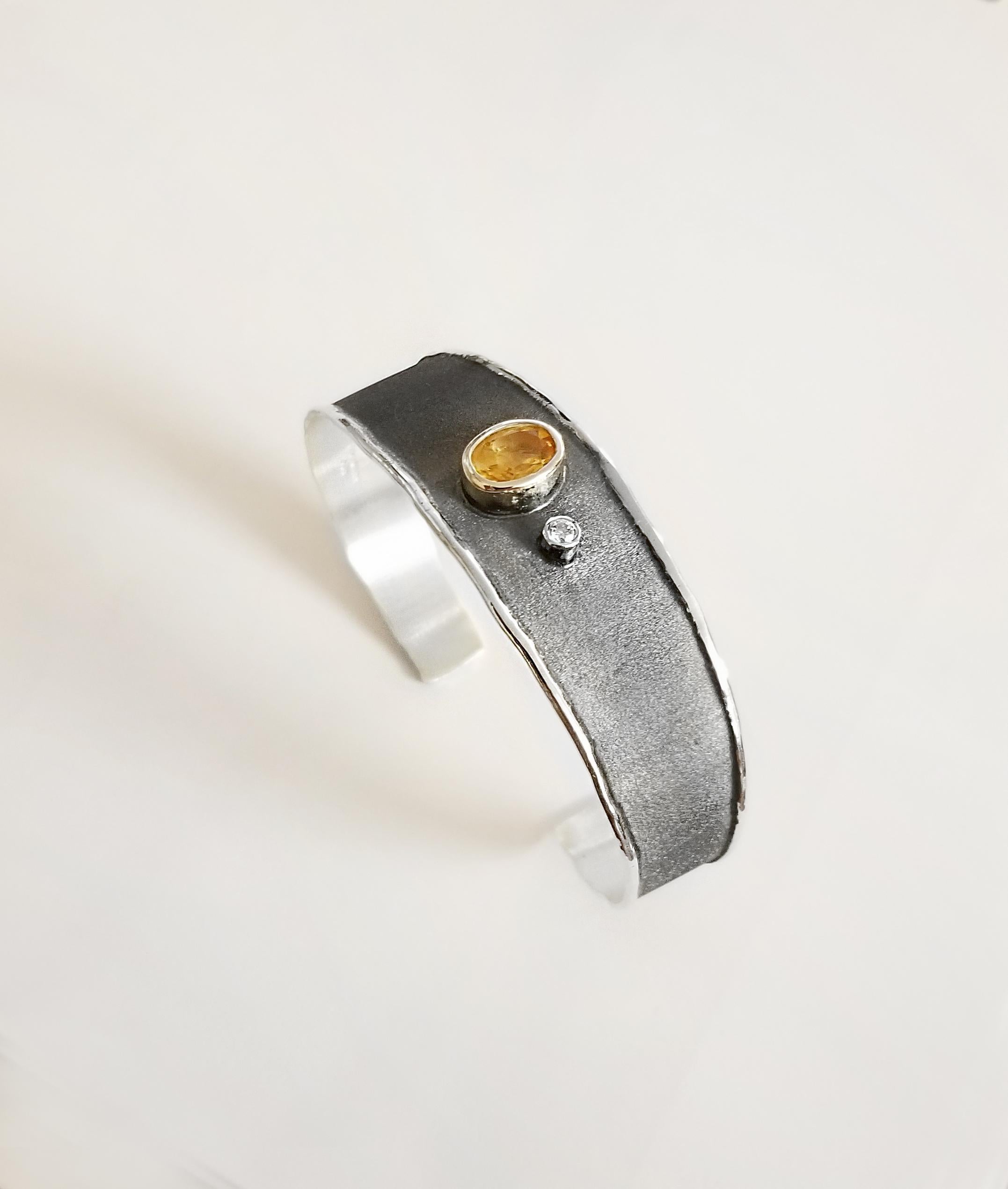 Contemporary Yianni Creations Citrine Diamond Fine Silver Black Rhodium Bangle Bracelet For Sale