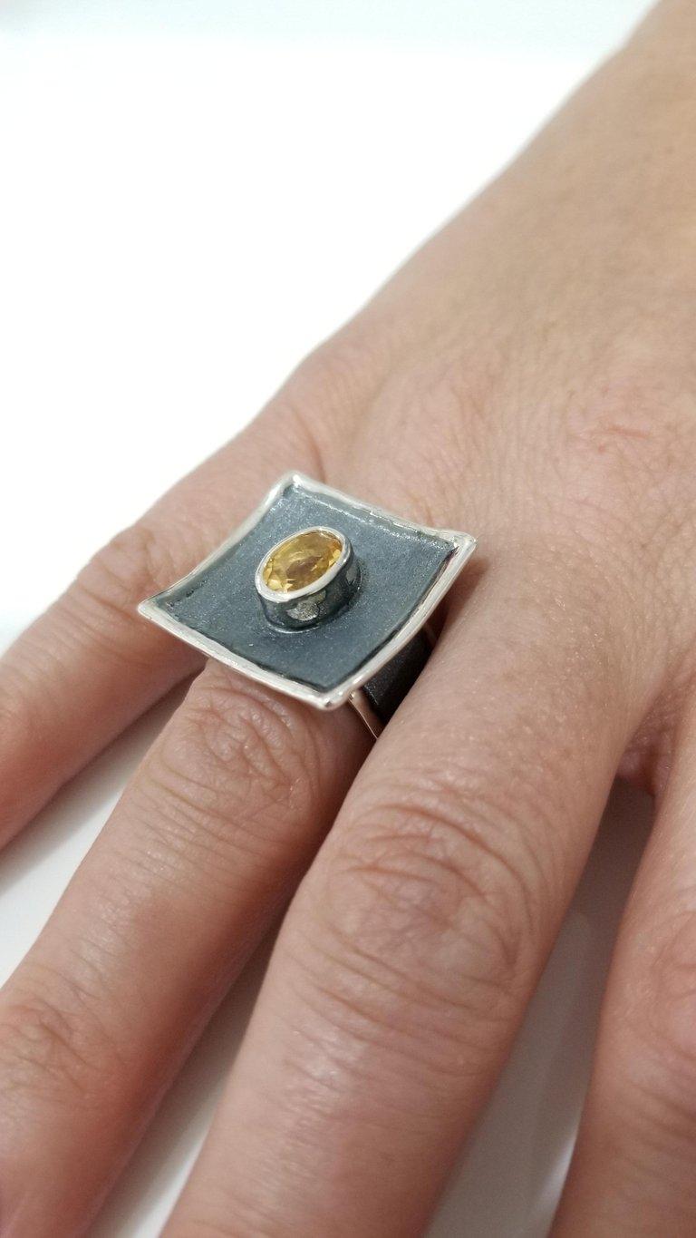Contemporary Yianni Creations Citrine Fine Silver and Black Rhodium Wide Band Ring For Sale