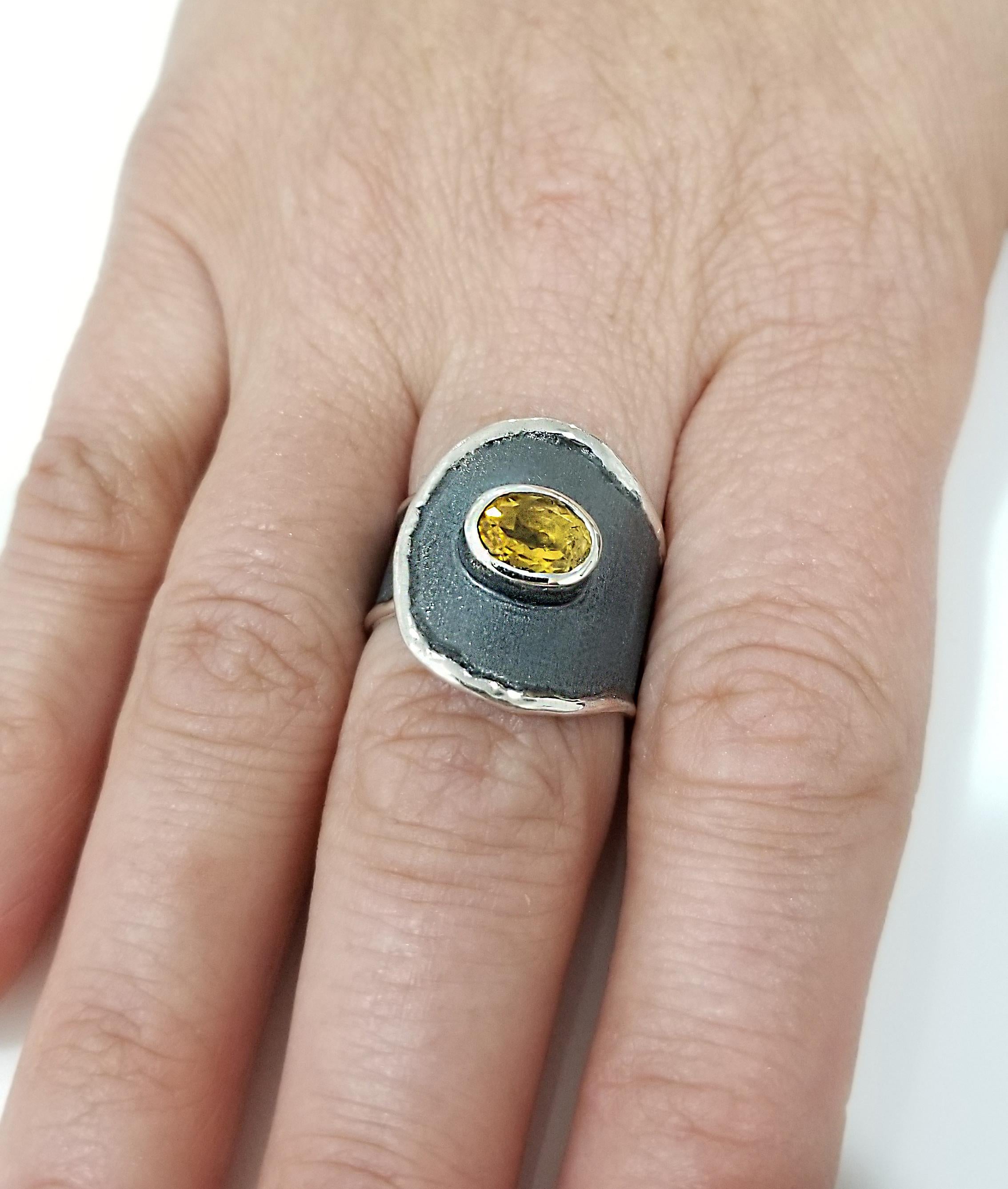 Artisan Yianni Creations Citrine Fine Silver and Oxidized Rhodium Wide Band Ring For Sale