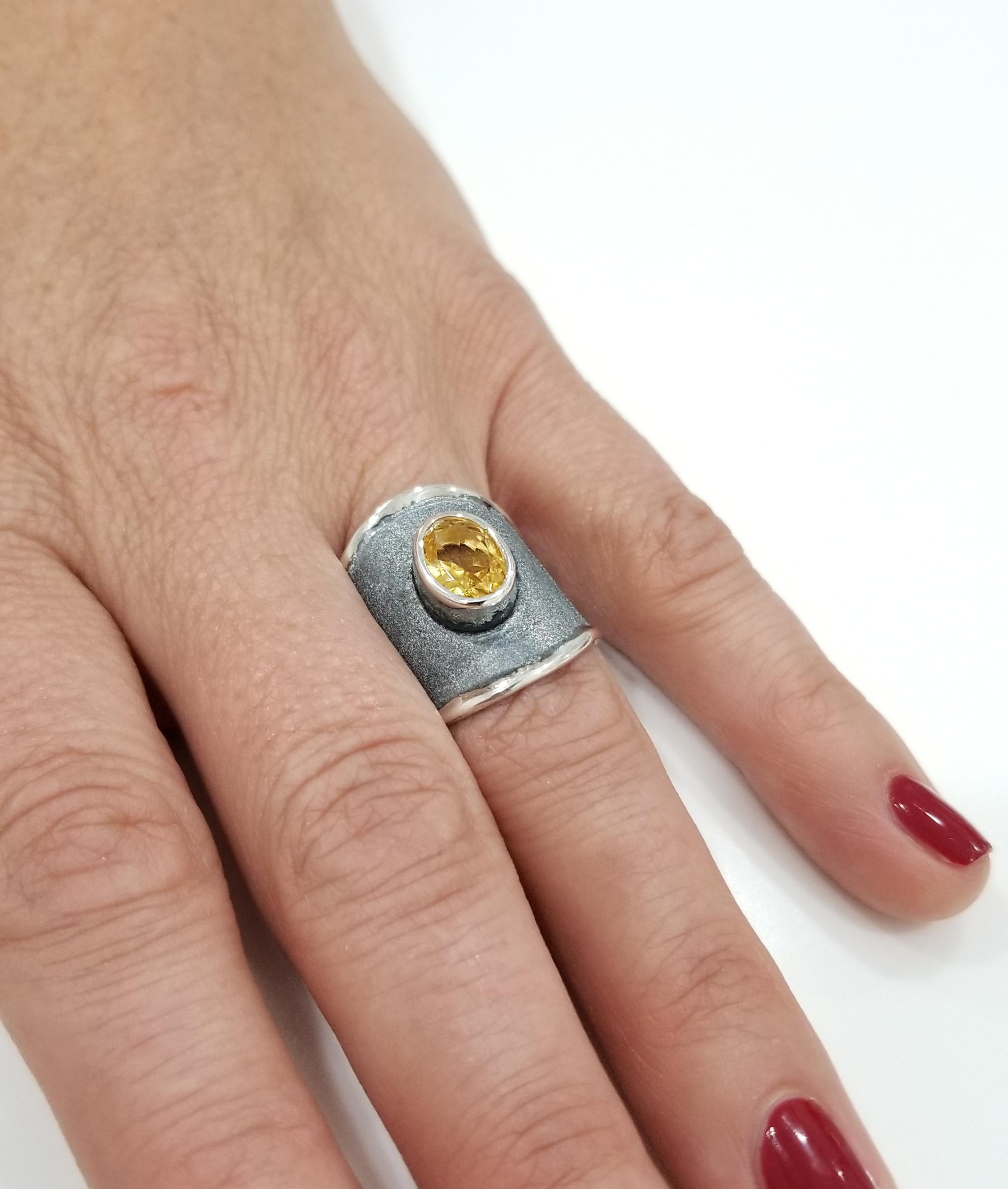Contemporary Yianni Creations Citrine Fine Silver and Oxidized Black Rhodium Wide Band Ring For Sale