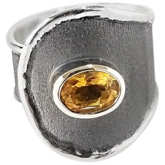 Yianni Creations Citrine Fine Silver and Oxidized Rhodium Wide Band Ring