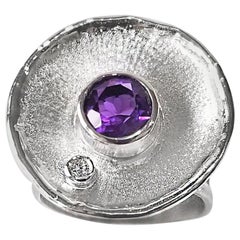 Yianni Creations Amethyst White Diamond Fine Silver Palladium Round Ring