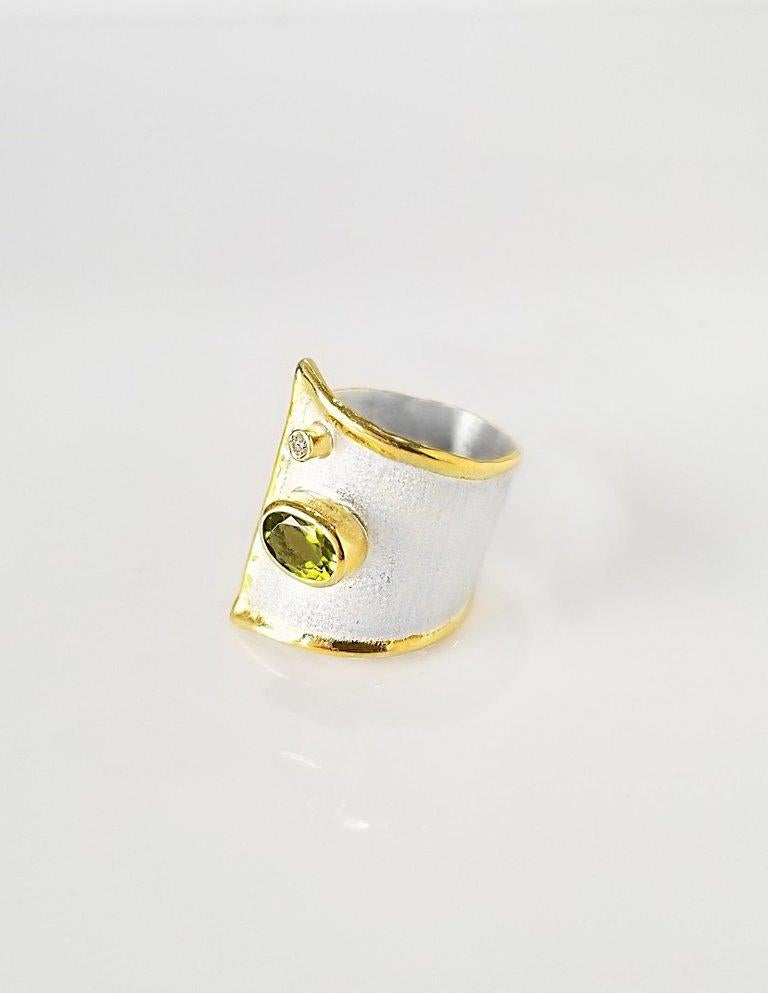 Oval Cut Yianni Creations Peridot and Diamond Fine Silver 24 Karat Gold Wide Band Ring