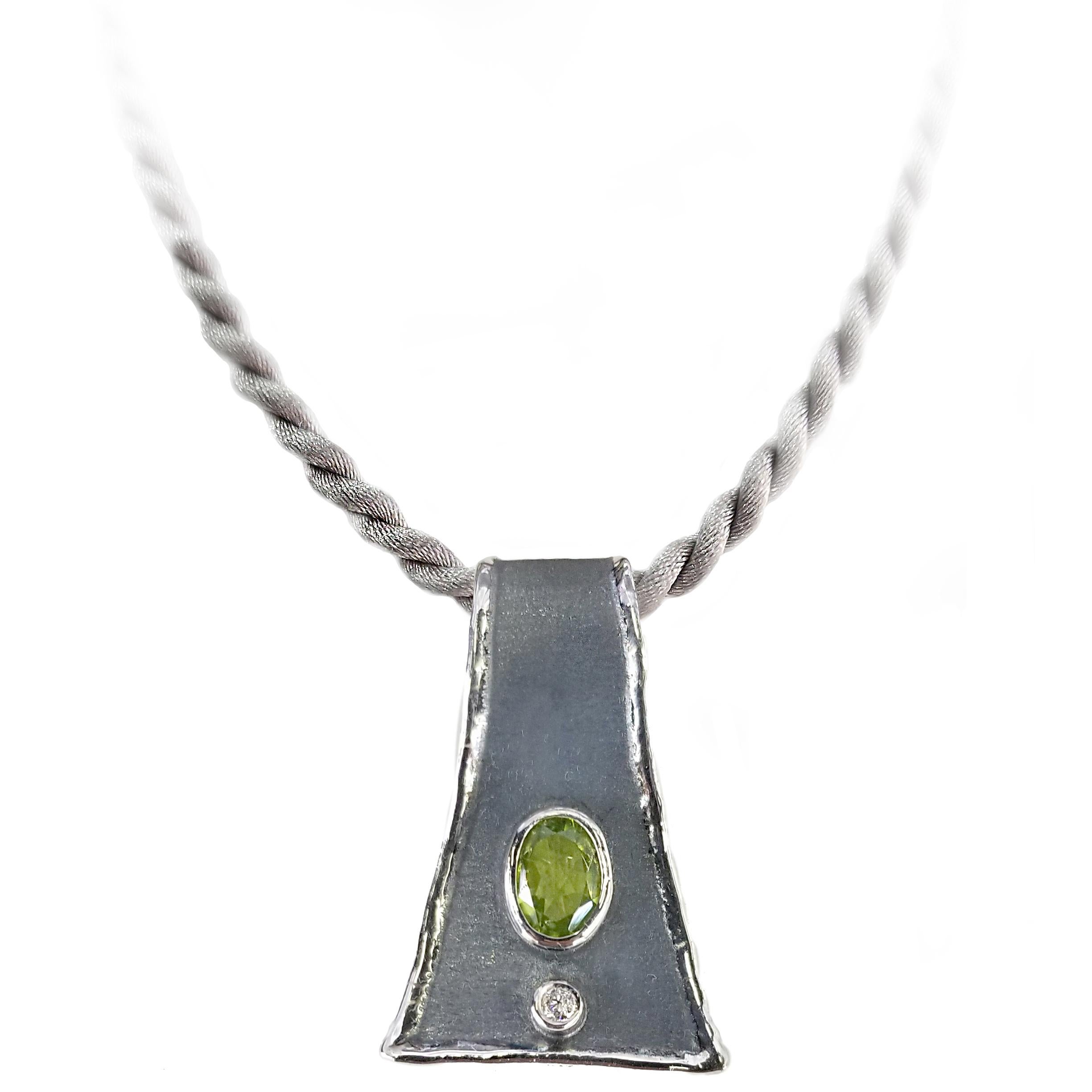 Yianni Creations Peridot and White Diamond Fine Silver and Black Rhodium Pendant For Sale