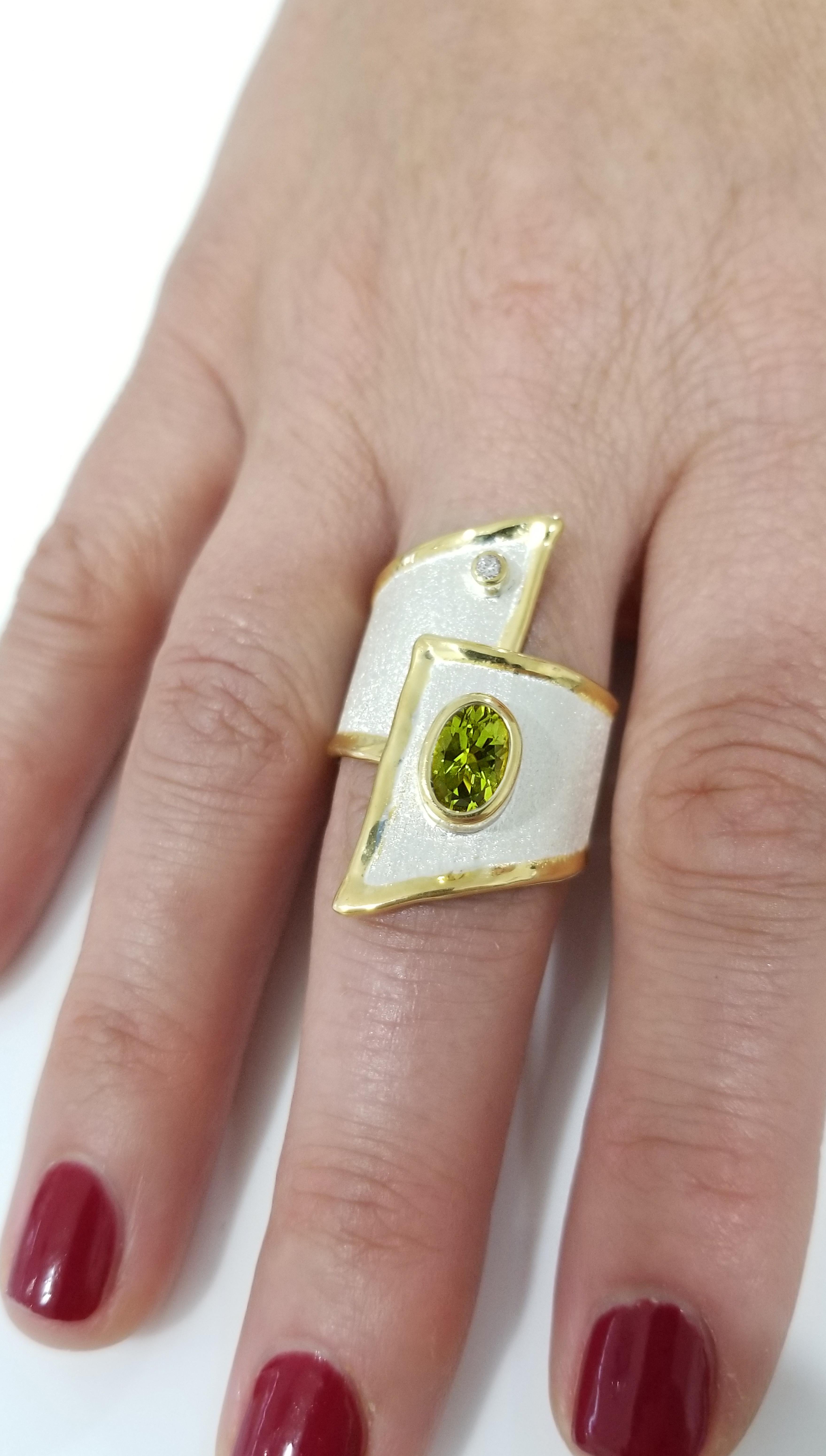 Contemporary Yianni Creations Peridot Diamond Fine Silver and 24 Karat Gold Wide Band Ring