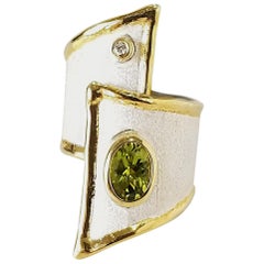 Yianni Creations Peridot Diamond Fine Silver and 24 Karat Gold Wide Band Ring