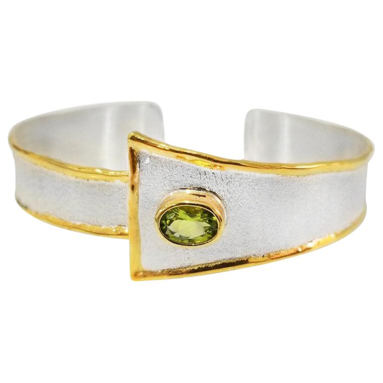 Yianni Creations Peridot Fine Silver and 24 Karat Gold Two Tone Bangle Bracelet