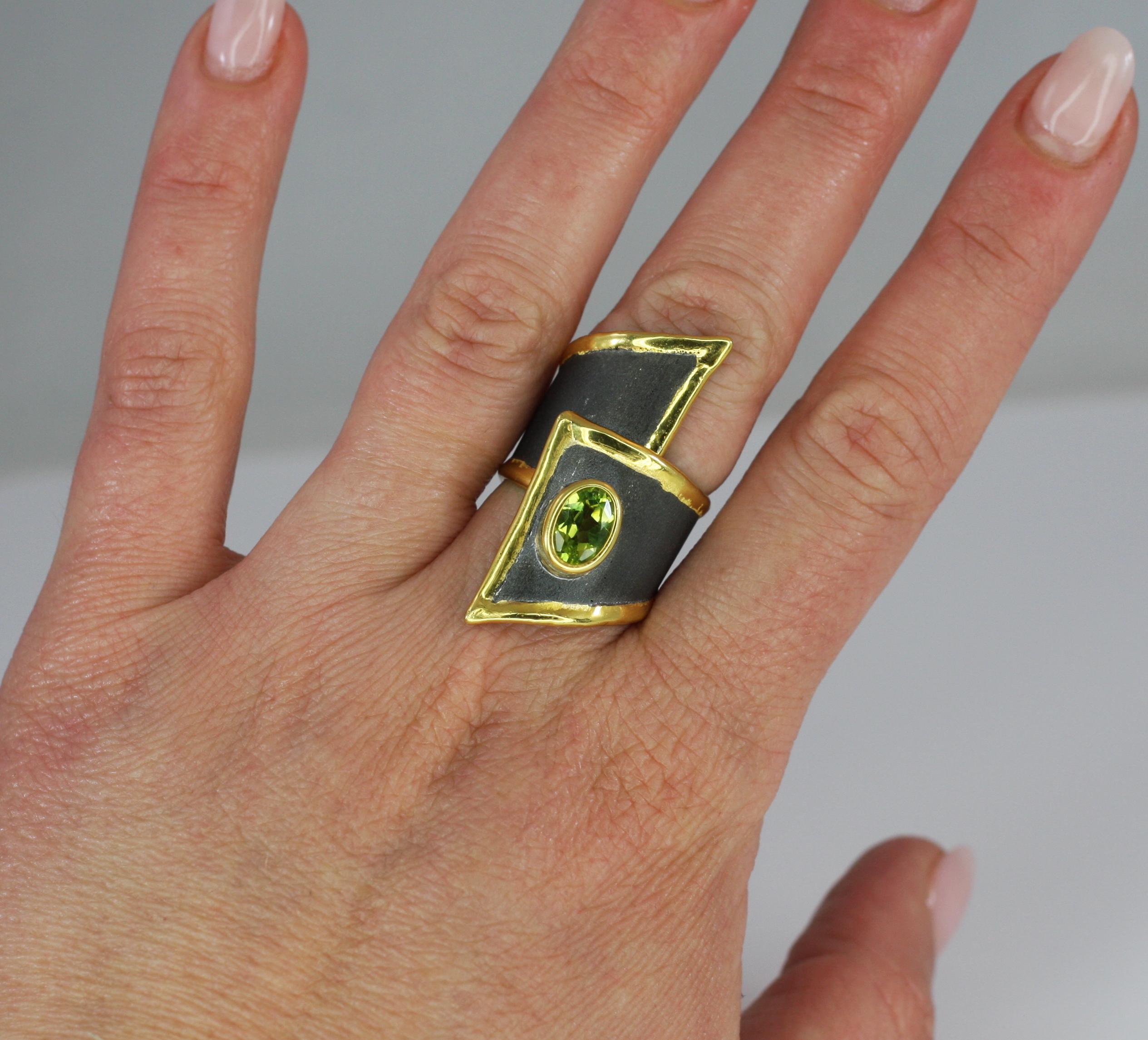 Yianni Creations Peridot Fine Silver and Gold Wide Adjustable Long Band Ring For Sale 4